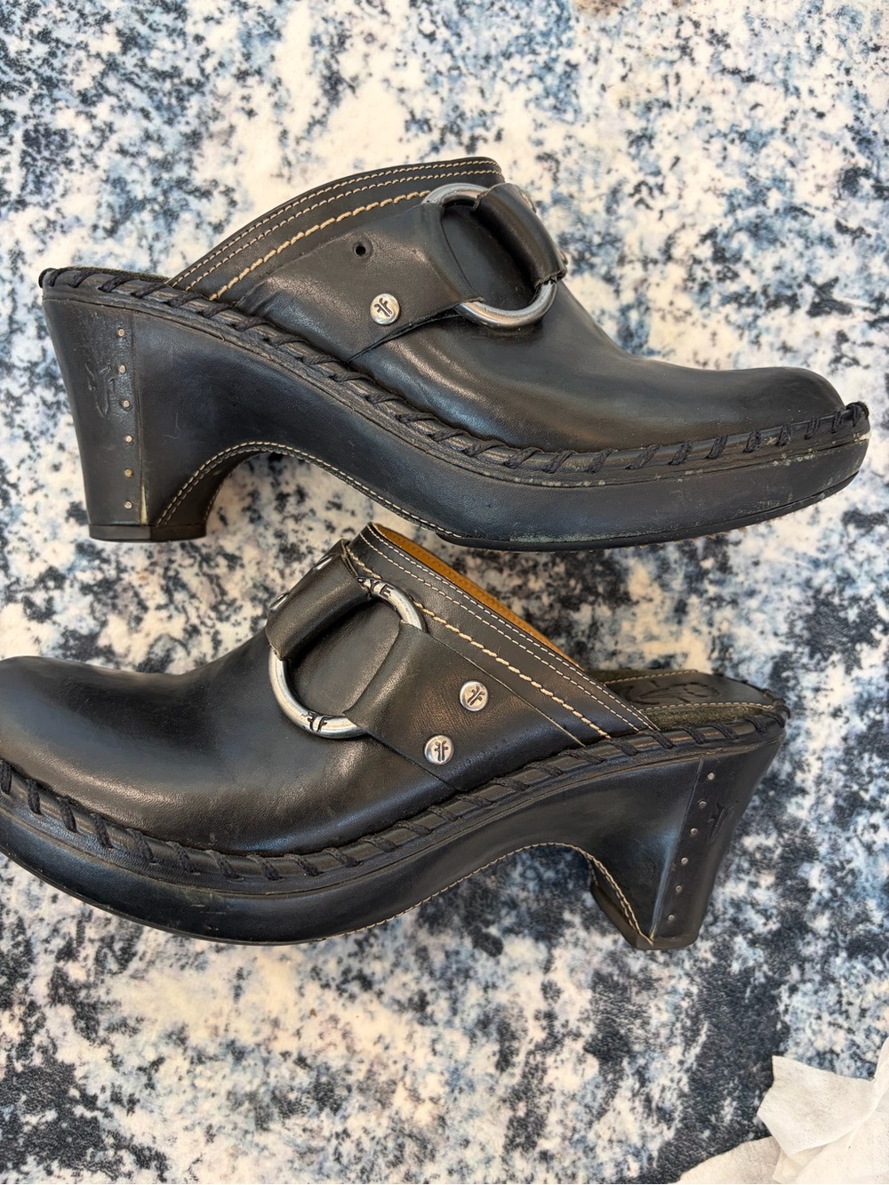 Frye Ring Harness Leather Clog Mules Black Western Studded Heels